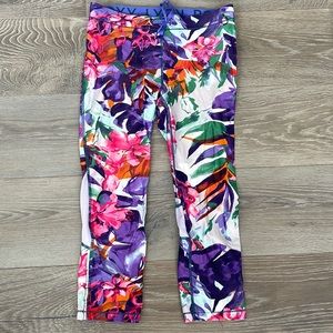 Roxy Purple Floral Print Reflective Running Capris Leggings Mesh Back Calves-S